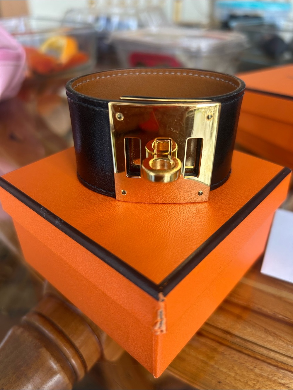 Hermes box Kelly dog Leather Cuff Bracelet in black with Gold Plate